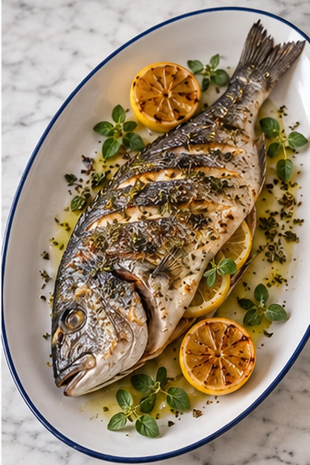 Whole grilled sea bream with lemon and herbs on a white platter