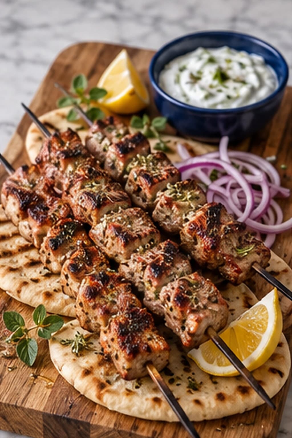 Pork souvlaki skewers on grilled pita with lemon, red onion and tzatziki