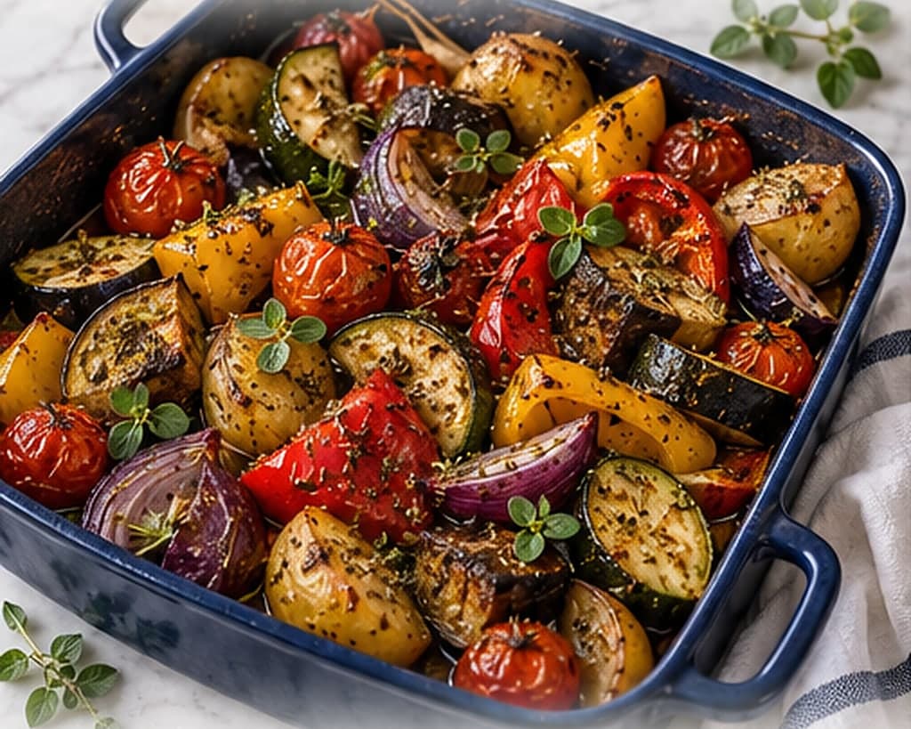 Roasted Mediterranean vegetables with oregano in a navy roasting pan